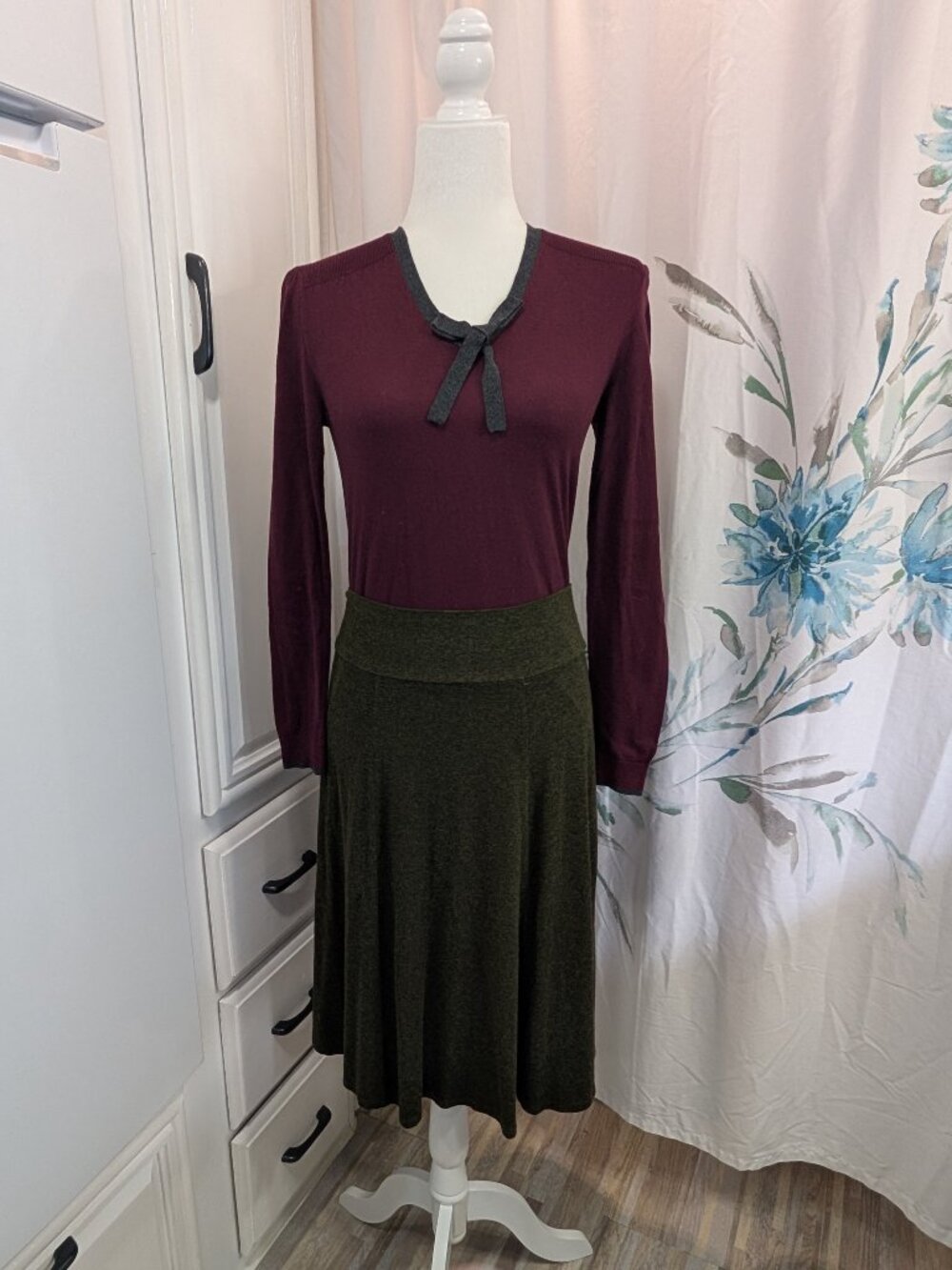 Romantic Dark Academia Preppy Twee Feminine Fall Burgundy Bow Knit Sweater, SP